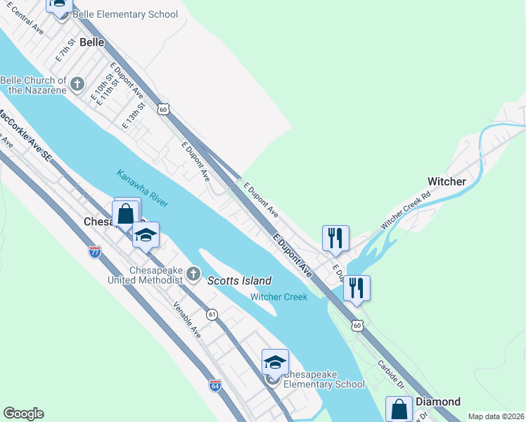map of restaurants, bars, coffee shops, grocery stores, and more near 1908 U.S. 60 in Belle