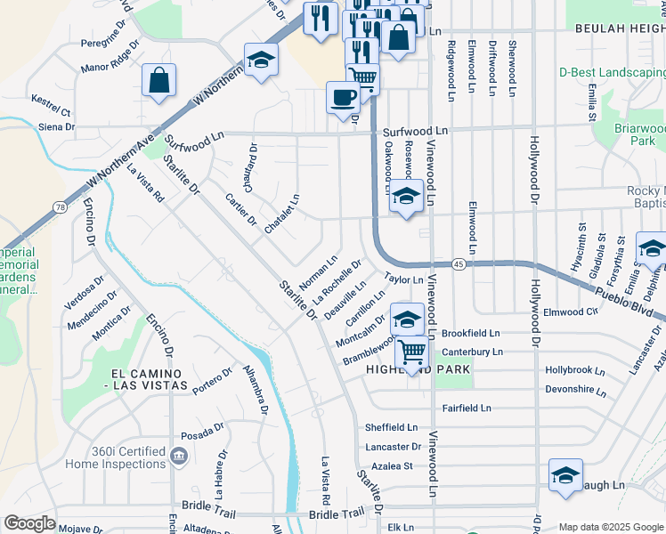 map of restaurants, bars, coffee shops, grocery stores, and more near 2214 Norman Lane in Pueblo