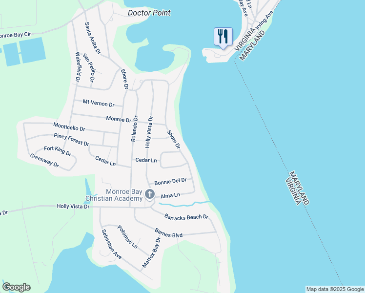map of restaurants, bars, coffee shops, grocery stores, and more near 222 Shore Drive in Colonial Beach