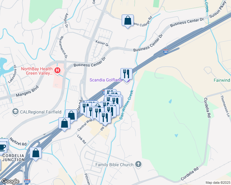 map of restaurants, bars, coffee shops, grocery stores, and more near 4350 Central Place in Fairfield
