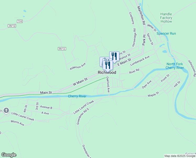 map of restaurants, bars, coffee shops, grocery stores, and more near 32 West Main Street in Richwood
