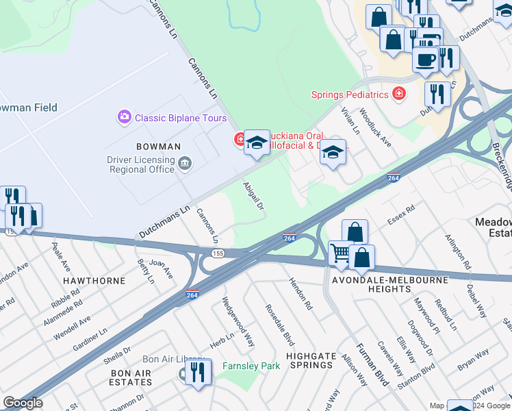 map of restaurants, bars, coffee shops, grocery stores, and more near 2906 Abigail Drive in Louisville