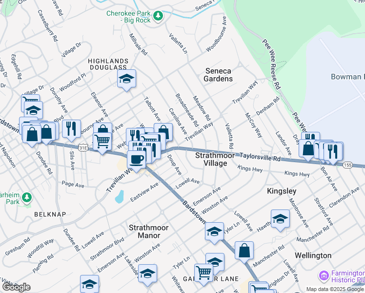 map of restaurants, bars, coffee shops, grocery stores, and more near 2552 Carolina Avenue in Louisville