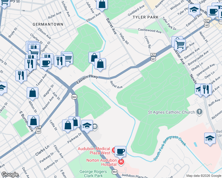 map of restaurants, bars, coffee shops, grocery stores, and more near 1207 Royal Avenue in Louisville