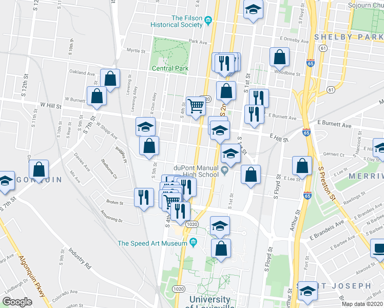 map of restaurants, bars, coffee shops, grocery stores, and more near 1600 South 3rd Street in Louisville