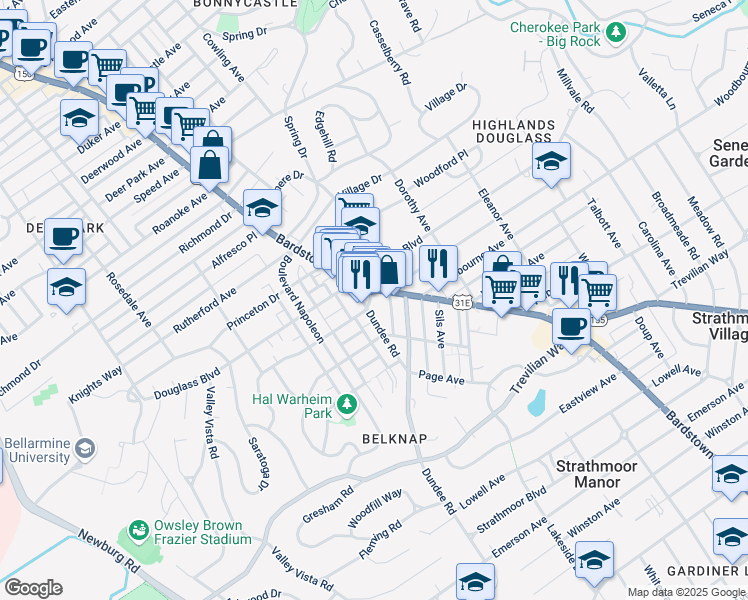 map of restaurants, bars, coffee shops, grocery stores, and more near 2214 Dundee Road in Louisville