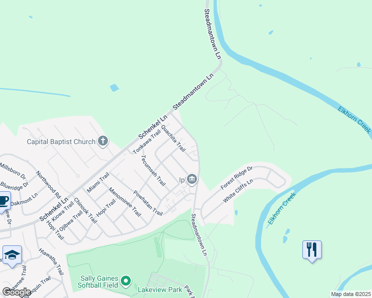 map of restaurants, bars, coffee shops, grocery stores, and more near 108 Quachita Trail in Frankfort