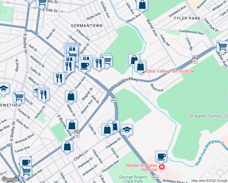 map of restaurants, bars, coffee shops, grocery stores, and more near in Louisville