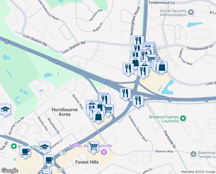 map of restaurants, bars, coffee shops, grocery stores, and more near 9401 Doral Court in Louisville