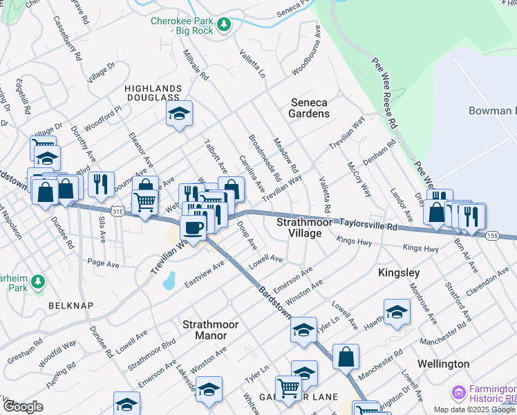 map of restaurants, bars, coffee shops, grocery stores, and more near 2552 Carolina Avenue in Louisville