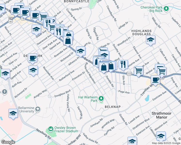 map of restaurants, bars, coffee shops, grocery stores, and more near 2103 Boulevard Napoleon in Louisville