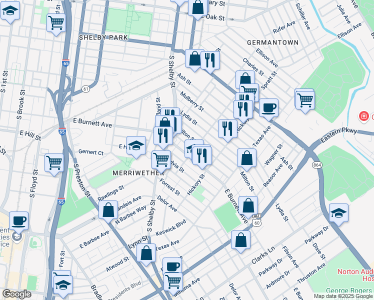 map of restaurants, bars, coffee shops, grocery stores, and more near 852 Milton Street in Louisville
