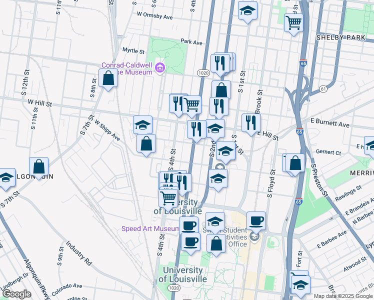 map of restaurants, bars, coffee shops, grocery stores, and more near 1600 South 3rd Street in Louisville