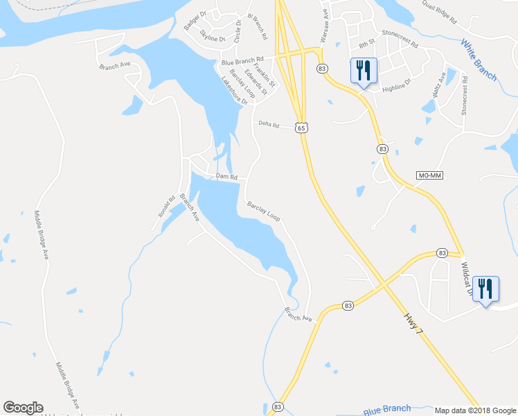 map of restaurants, bars, coffee shops, grocery stores, and more near Barclay Loop in Warsaw