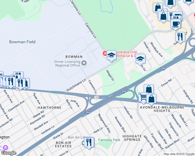 map of restaurants, bars, coffee shops, grocery stores, and more near 3526 Dutchmans Lane in Louisville