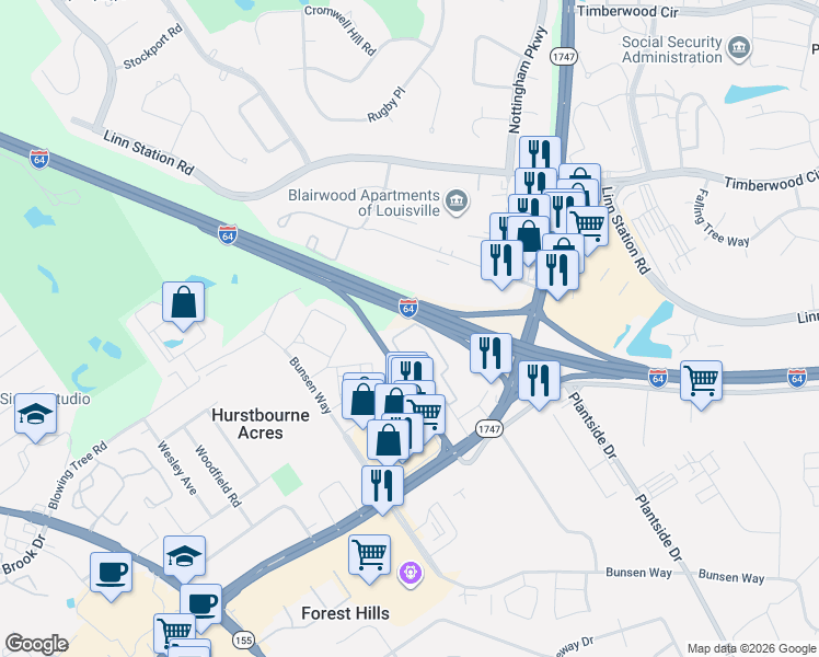 map of restaurants, bars, coffee shops, grocery stores, and more near 9510 Hurstbourne Park Boulevard in Louisville