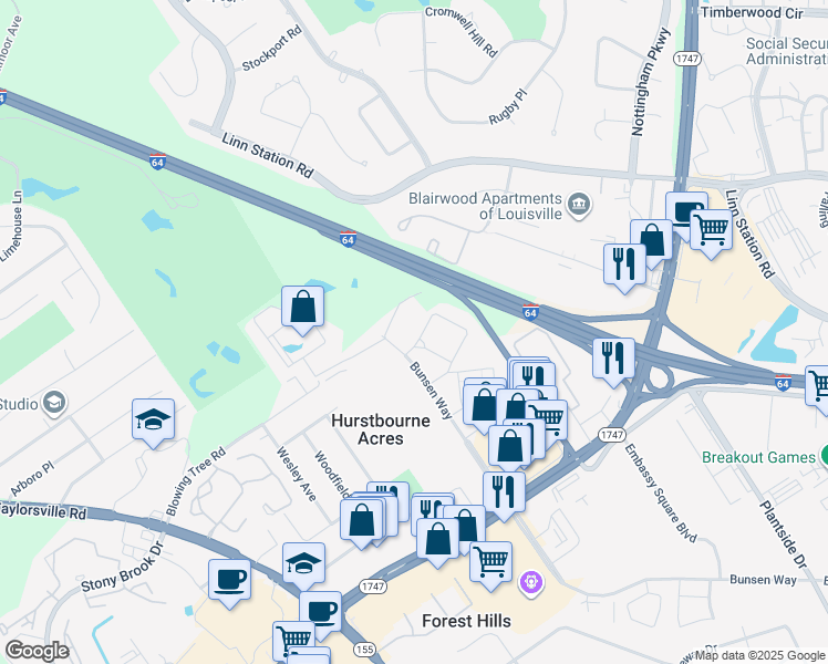 map of restaurants, bars, coffee shops, grocery stores, and more near 1623 Hunnington Place in Hurstbourne Acres