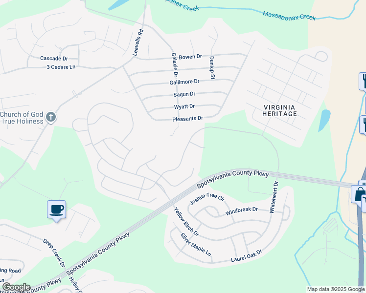 map of restaurants, bars, coffee shops, grocery stores, and more near 5417 Balls Bluff Road in Fredericksburg
