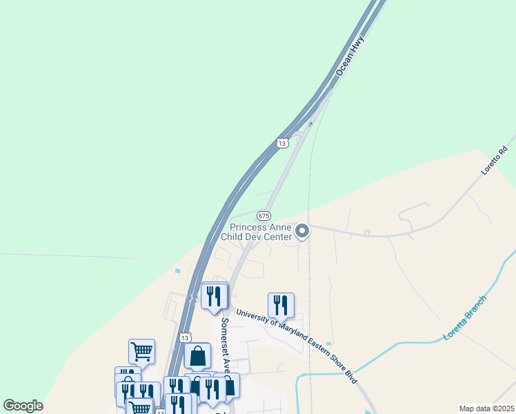 map of restaurants, bars, coffee shops, grocery stores, and more near 12516 Somerset Avenue in Princess Anne