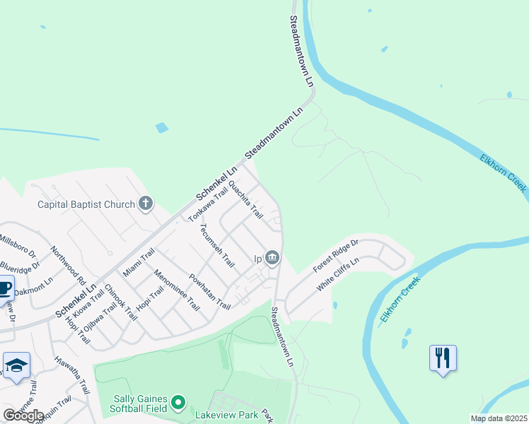 map of restaurants, bars, coffee shops, grocery stores, and more near 108 Quachita Trail in Frankfort