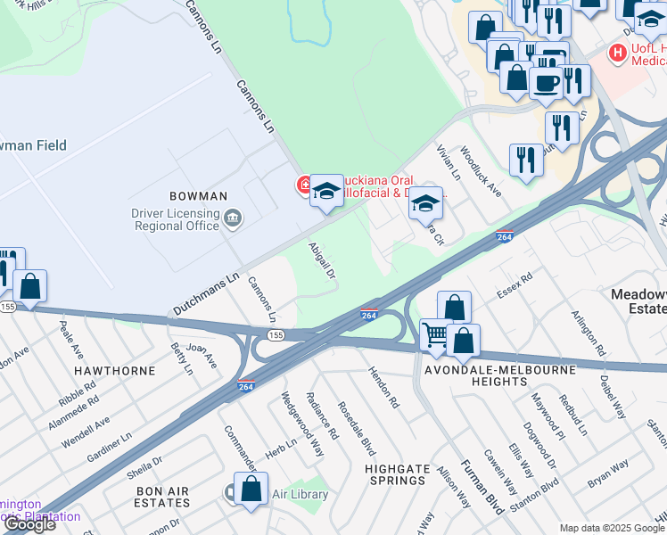 map of restaurants, bars, coffee shops, grocery stores, and more near 2913 Abigail Drive in Louisville