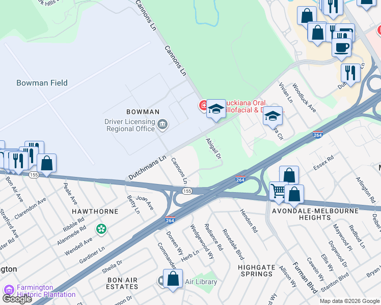 map of restaurants, bars, coffee shops, grocery stores, and more near 3526 Dutchmans Lane in Louisville