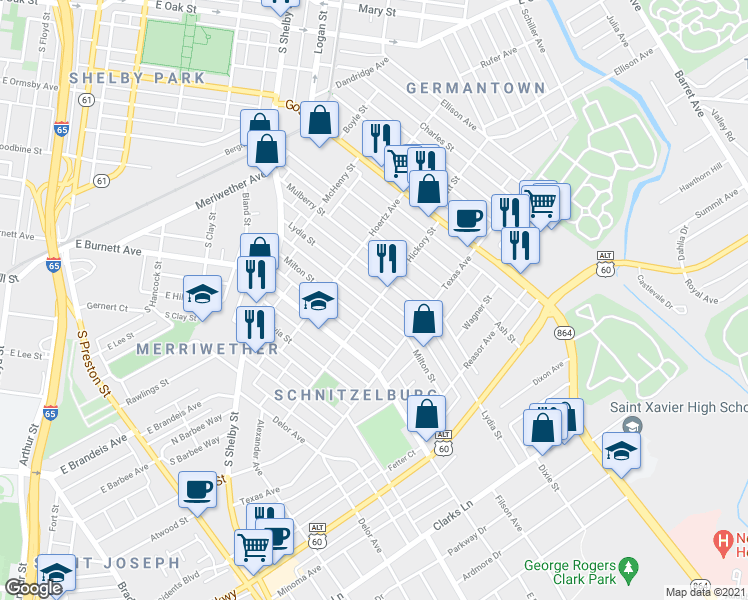map of restaurants, bars, coffee shops, grocery stores, and more near 1101 Lydia Street in Louisville
