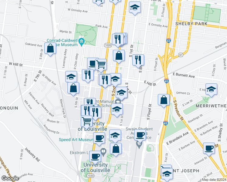 map of restaurants, bars, coffee shops, grocery stores, and more near 11 West Gaulbert Avenue in Louisville