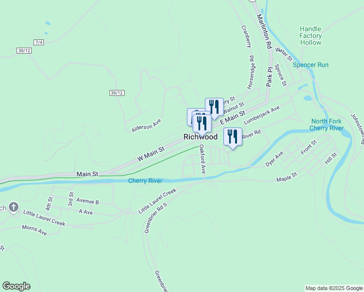 map of restaurants, bars, coffee shops, grocery stores, and more near 32 West Main Street in Richwood