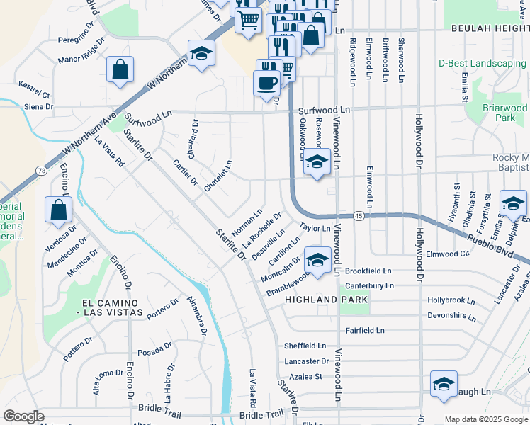 map of restaurants, bars, coffee shops, grocery stores, and more near 2214 Norman Lane in Pueblo