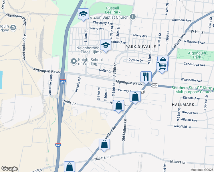 map of restaurants, bars, coffee shops, grocery stores, and more near 3506 Algonquin Parkway in Louisville