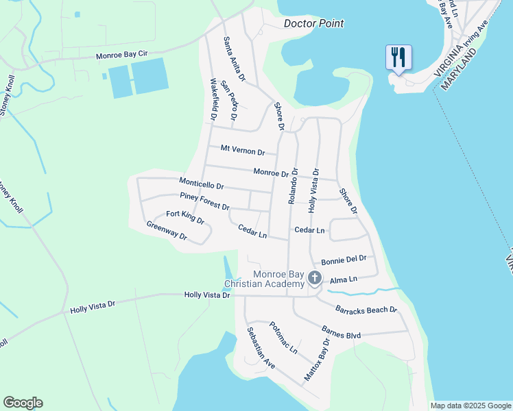 map of restaurants, bars, coffee shops, grocery stores, and more near 48 Piney Forest Drive in Colonial Beach