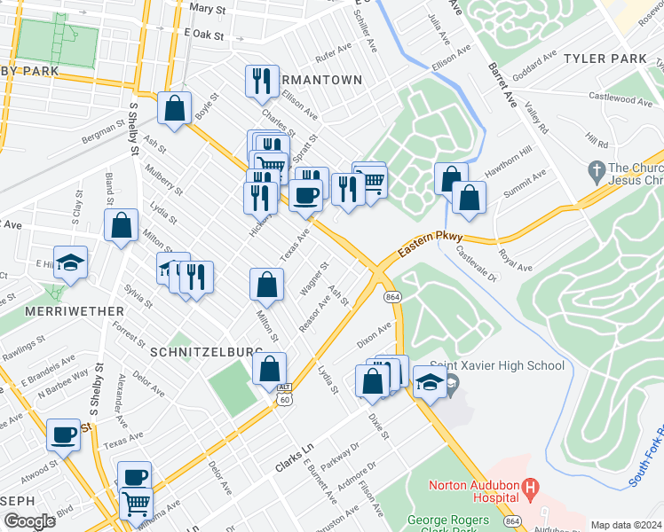 map of restaurants, bars, coffee shops, grocery stores, and more near 1052 Wagner Avenue in Louisville