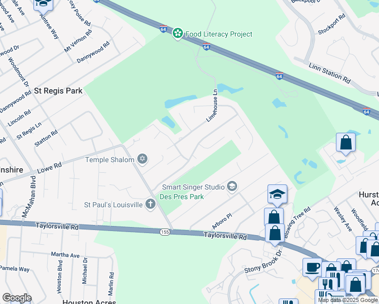 map of restaurants, bars, coffee shops, grocery stores, and more near 8205 Regency Woods Way in Louisville