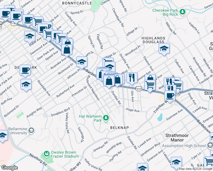 map of restaurants, bars, coffee shops, grocery stores, and more near 2214 Dundee Road in Louisville