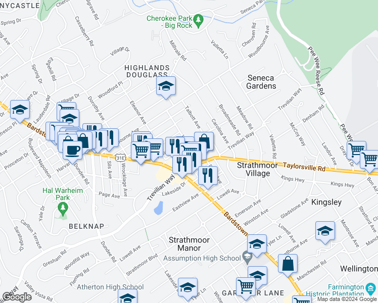 map of restaurants, bars, coffee shops, grocery stores, and more near 2514 Wallace Avenue in Louisville