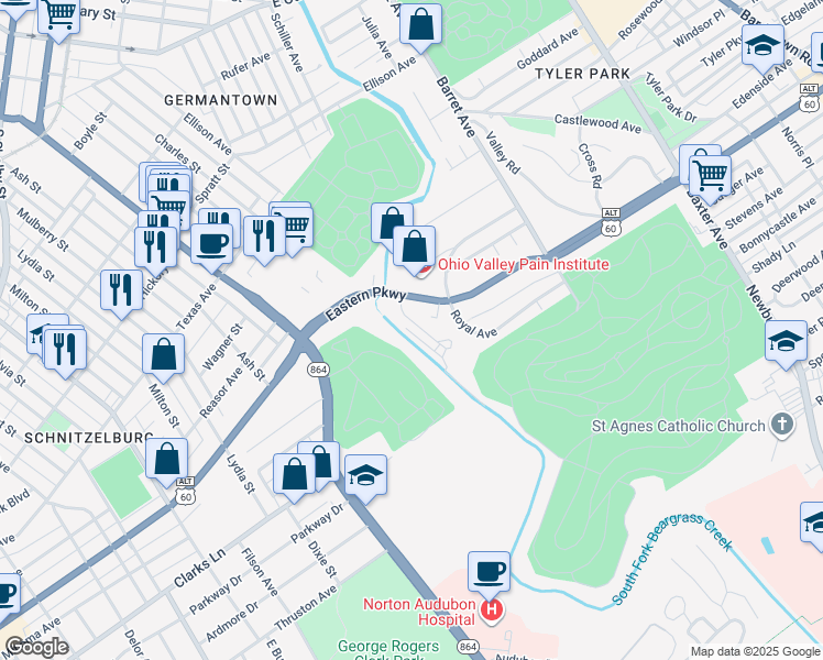 map of restaurants, bars, coffee shops, grocery stores, and more near 1160 1/2 Castlevale Drive in Louisville
