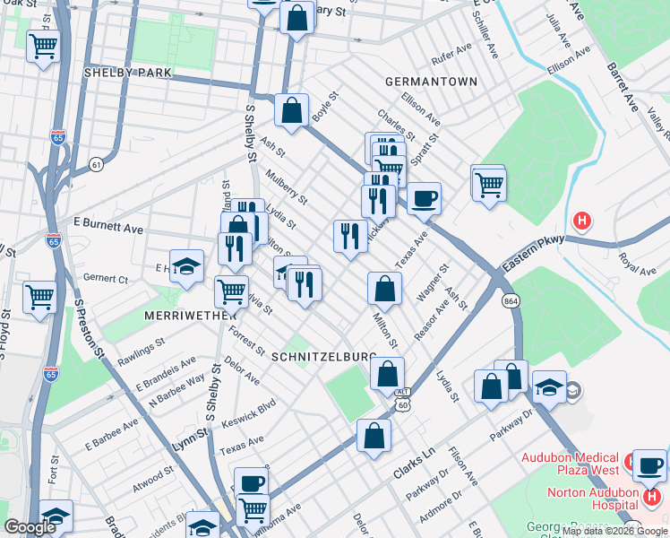 map of restaurants, bars, coffee shops, grocery stores, and more near 1016 Lydia Street in Louisville