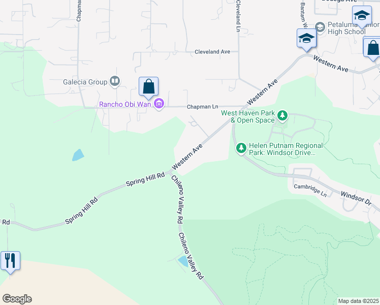 map of restaurants, bars, coffee shops, grocery stores, and more near 2800 Western Avenue in Petaluma