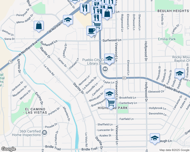 map of restaurants, bars, coffee shops, grocery stores, and more near 105 La Rochelle Drive in Pueblo