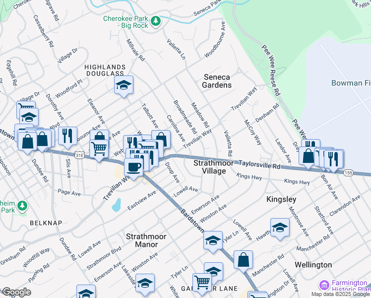 map of restaurants, bars, coffee shops, grocery stores, and more near 2552 Carolina Avenue in Louisville