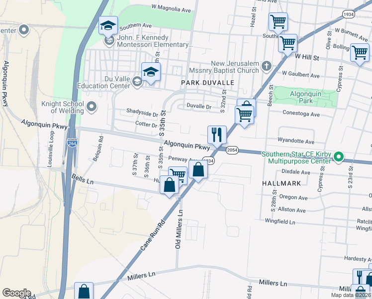 map of restaurants, bars, coffee shops, grocery stores, and more near 3330 Algonquin Parkway in Louisville