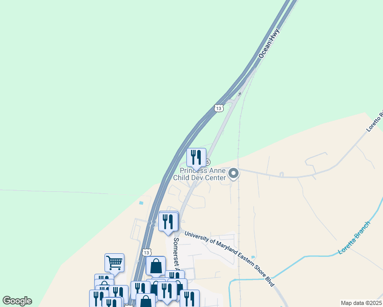 map of restaurants, bars, coffee shops, grocery stores, and more near 12516 Somerset Avenue in Princess Anne
