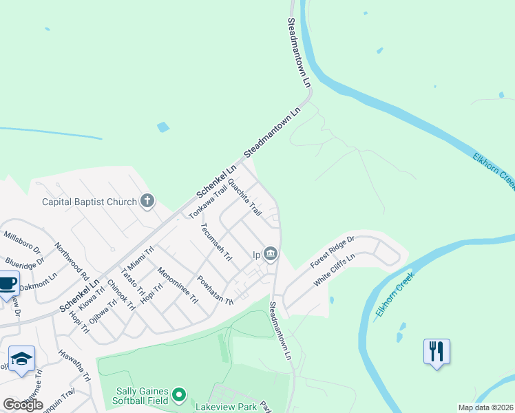 map of restaurants, bars, coffee shops, grocery stores, and more near 108 Quachita Trail in Frankfort