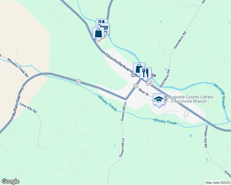map of restaurants, bars, coffee shops, grocery stores, and more near 115 Buffalo Gap Highway in Churchville