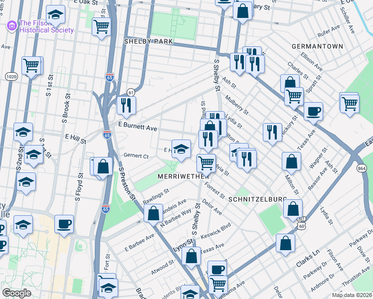 map of restaurants, bars, coffee shops, grocery stores, and more near 709 East Hill Street in Louisville