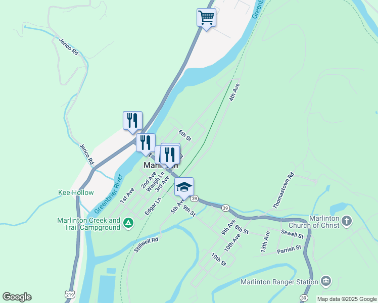 map of restaurants, bars, coffee shops, grocery stores, and more near Waugh Lane in Marlinton