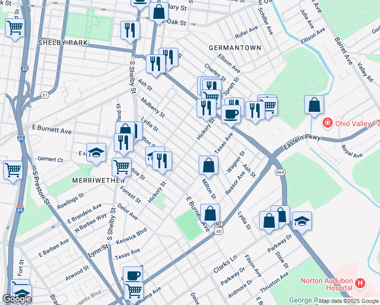 map of restaurants, bars, coffee shops, grocery stores, and more near 1101 Lydia Street in Louisville