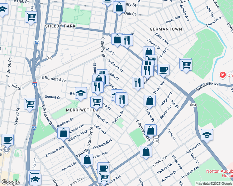 map of restaurants, bars, coffee shops, grocery stores, and more near 852 Milton Street in Louisville