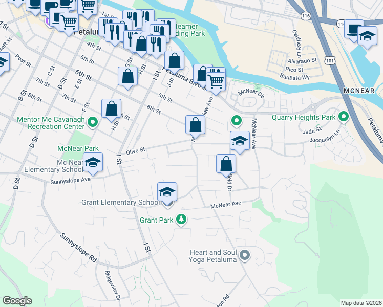 map of restaurants, bars, coffee shops, grocery stores, and more near 713 Mountain View Avenue in Petaluma